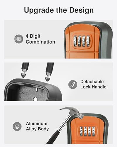 Image of Puroma Key Lock Box, Portable Combination Lockbox Wall-Mounted Key Storage Box for House Keys, Resettable Code Safe Security Lock Box for Home, Office, Apartment Spare Key Storage (1 Pack, Orange)