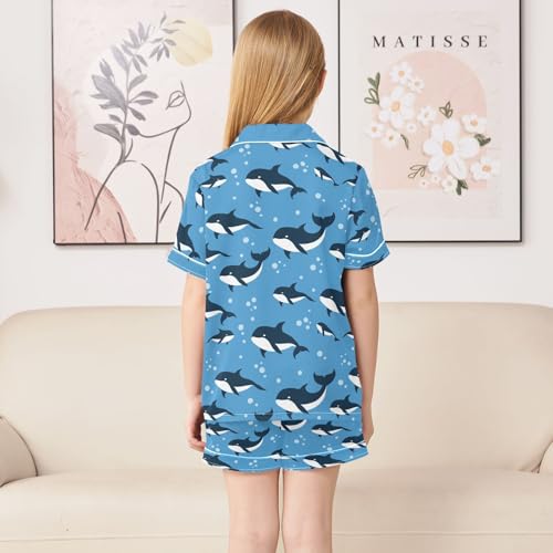 Cartoon Killer Whale Theme Summer Satin Pajama Set, Cute Button-Down Sleepwear Pj Set for Sleep Wears4