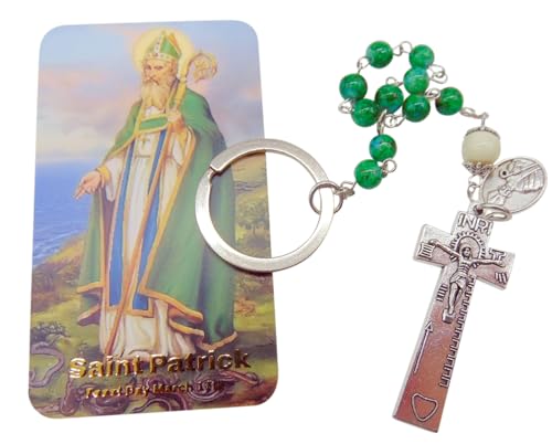 Westmon Works St Patrick One Decade Penal Rosary Chaplet Glass Beads and Metal Pendant with Irish Prayer Card Catholic Gift Set