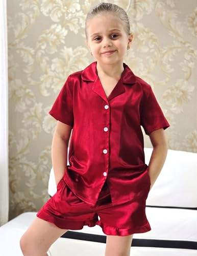 Image of Arshiner Girls Pajamas Silk Satin Pajama Set Button Pjs Ruffle Sleepwear | 2 Piece Nightwear, Silky Soft Lounge for Little & Big Kids, Ideal for Sleeping and Sleepover Party