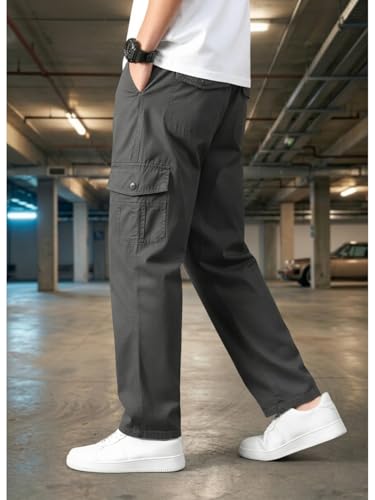 Image of Men's Cargo Trousers-100% Premium Cotton Regular Fit Lightweight Breathable Elastic Waist Multi-Pocket Casual Utility Pants