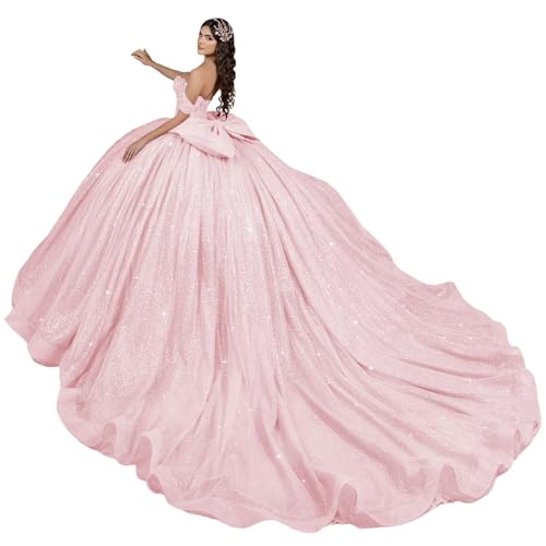 KPYURC Glitter Pink Tulle Quinceanera Dresses with Bow Puffy Off ...