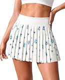 Fisoew Womens Floral Print Pleated Tennis Skirt High Waist Workout Athletic Mini Skirts with Pockets Inner Shorts White
