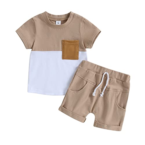 MAHUAOYIXI Baby Boy Outfits Casual Round Neck Short Sleeve T Shirts + Plaid Elastic Waist Shorts Sets Toddler Boys 2Pcs Toddler Summer Clothes (Khaki, 18-24 Months)