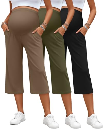 Sweetyweee 3 Pack Womens Maternity Capris Over the Belly Pregnancy Cropped Pants High Waisted Adjustable with Pocket(Black Army Green Coffee XX-Large)