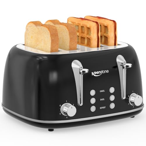 Image of Keenstone Toaster 4 Slice, Retro Stainless Steel Wide Slot Toaster with Dual Independent Controls, 6 Browning Levels, Bagel, Defrost, Reheat & Cancel, Removable Crumb Tray, Black