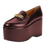 Wansseny Women Chic Round Toe Chain Decoration Thick Sole Platform Loafers Slip on Graceful Party Homecoming Pump Shoes Size 10 Dark Brown