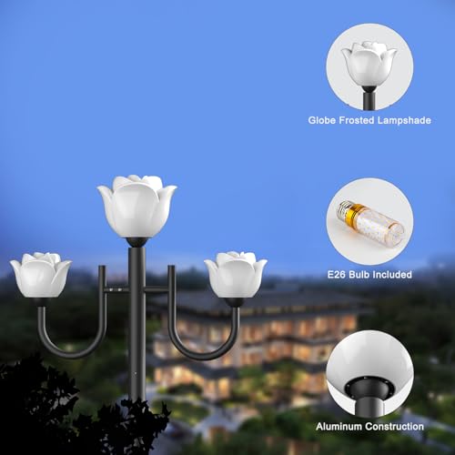 Lightdot 3-Lights Outdoor Lamp Post Light IP65 Waterproof Street Light Pole Lights Fixture with Flower Shade Outside Post Lights for Yard/Garden/Driveway (3000K LED Bulbs Included) by Lightdot - Image 2