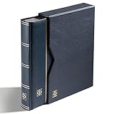 Leuchtturm Briefmarken-Sammel-Album, Einsteckbuch Premium, DIN A4, 64 Schwarze Seiten, wattierter Ledereinband, mit Schutz-Kassette, blau
