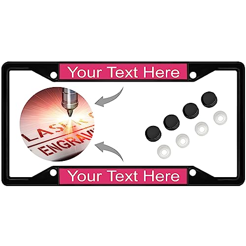 Image of Personalized with Custom Text Design - 4 Hole Black Metal Laser Engraved US Standard Size - Car License Plate Frame with Free caps - Pink /White Text (Qty: 1 Frame)