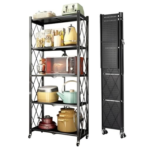 Cady One Multi-Tier Foldable Storage Shelves for Home Kitchen Cabinet Metal Wire Foldable Organizer Shelf on 4 Inch Wheels Metal Wire Shelf Organizer (5 Shelves) black T8854-5