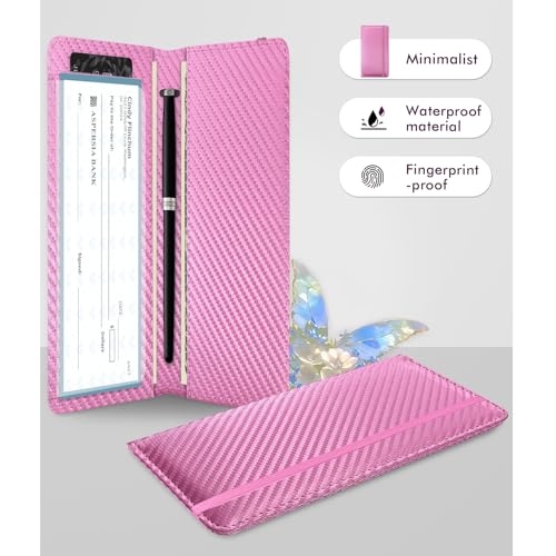Image of Checkbook Cover for Men Women, Premium Leather Checkbook Holder with RFID Blocking and Built in Clear Plastic Divider for Personal and Business Checks (Pink Carbon)