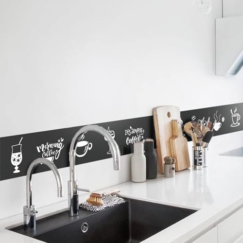 Genérico Cenefa autoadhesiva, zócalo de bricolaje con borde negro, diseño de café, cenefa de pared, salón, baño, cocina, techo, decoración, papel pintado, cenefa