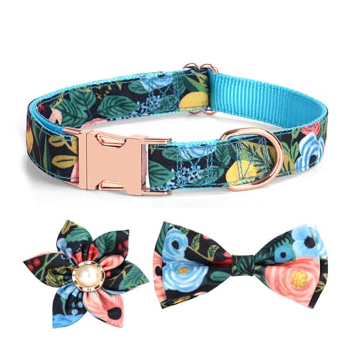 YSHOME&PET Floral Dog Collar with Bow Tie, Bowtie Dog Collar with Flower Attached Metal Buckle Adjustable Soft and Comfy Pet Collars for Cats Small Medium Large Dogs for Christmas Holiday