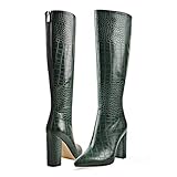 Green Knee HIgh Heel Boots for Women Crocodile Skin Colored Chunky Heel Gogo Snakeskin Pointed toe Boots Fashion Daily Wearing Party Costume Shoes Mid calf 4in High Heels Size 11