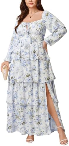 EYWOL Plus Size Long Sleeve Floral Tiered Semi Formal Wedding Guest Dress