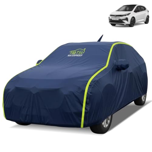 Image of FABTEC Waterproof Car Body Cover for Tata Altroz Outdoor /Indoor All Weather Protection with Mirror & Antenna Pocket Triple Stitched (Premium Navy Blue with Neon Piping)