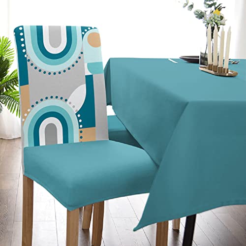 Dining Room Chair Covers, Geometric Aesthetic Stretch Chair Slipcover Washable Removable, Middle Century Abstract Art Teal Grey Kitchen Chair Protector Cover For Restaurant, Hotel, Wedding Set Of 6 #TOP4