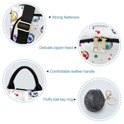 Mochila para mujer linda de moda con estampado fútbol y pompón 6