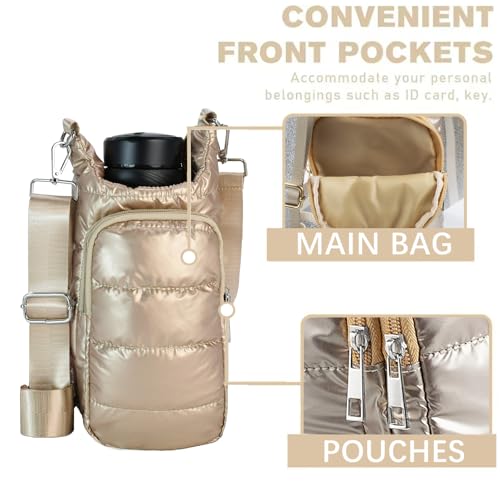 Image of KAMEILONG Puffer Water Bottle Holder Quilted Sports Pouch Bag with Adjustable Shoulder Strap Flask Sling Bag