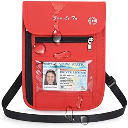 ROOSALANCE Neck Pouch Passport Holder with RFID Waterproof Multifunctional Document Organizer Visual Window Design Travel Wallet for Men and Women Red
