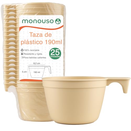 Monouso | 25 Tazas de Plástico Reutilizables, PP, 190ml, Color Beige, Ideales para Café y Té, Apta para Bebidas Frías y Calientes, Apta para Microondas, Desechable