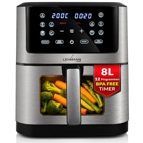 LEHMANN Heißluftfritteuse XXL 8L, Flexible Dual-Zone-Kammer, Sichtfenster, 12 Programme, Temperaturregelung 76-200°C, Digitales Display, Timer, Antihaftbeschichtung, Familien Air Fryer ohne Öl