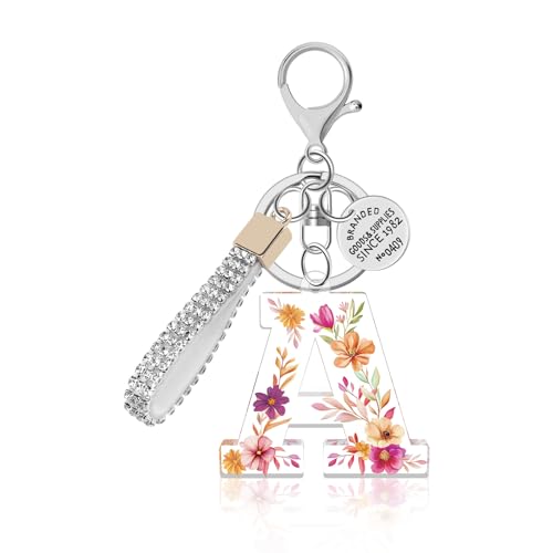 Bling Initial Keychain for Women Gift, Pink Acrylic A-Z Letter with Sparkly Lanyard Key Chain for Car Keys Purse Accessories