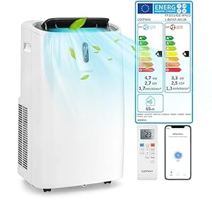 COSTWAY 16000BTU Mobiele airconditioning met afvoerslang, 5-in-1 airconditioner, 4700 W, ventilatorkachel, luchtontvochtiger met slaapmodus, verwarmen en koelen, afstandsbediening/app, 24-uurs timer