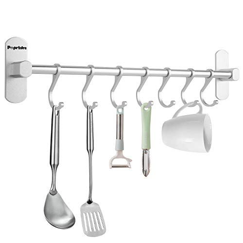 Poprkdre Colgador Utensilios Cocina 7 Gancho Barra Soportes y Organizadores, Soporte Utensilios Cocina sin Taladro, Estante Colgante de Cocina, Aluminio, Acabado Mate, 40CM