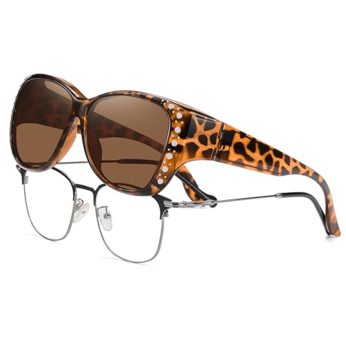 HAOLOTA Women's Polarized Fit Over Sunglasses with Rhinestone, Sun Glasses for Prescription Glasses UV400 Protection M Size Brown Tortoise Frame Brown Lens