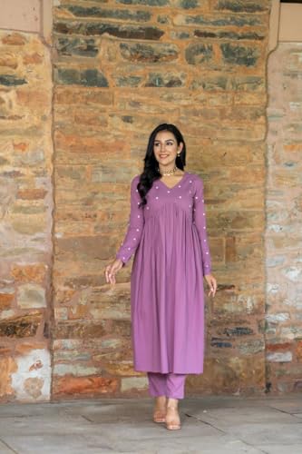 Image of Women's Dhanna Fashion Long Cut Salwar Suit with White Polka Dots,Full Sleeves, V-Neck,, Rayon