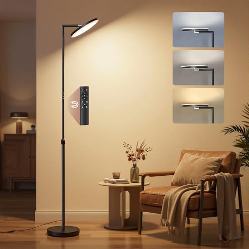 VASAGLE Lampada da Terra LED Regolabile in Altezza, Piantana 36 W, Testa Orientabile, Camera da Letto Ufficio, Timer, Funzione Memoria, Pulsanti e Telecomando, Nero Opaco LFL008BD02
