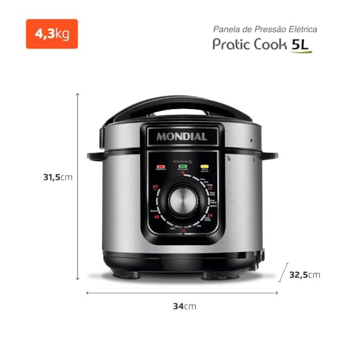 Panela de Pressão Elétrica Mondial 5L Pratic Cook 900W Preto/Inox 220V - PE-48-5L-I