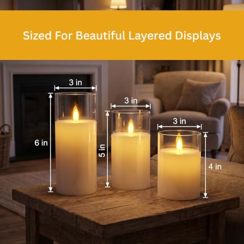 Image of LTETTES Real Wax LED Glass Pillar Flameless Rechargeable Candles | Transparent Glass | USB Type-C Charging Cable | Remote Control Included | Home Decor & Gifting | Set of 3 (H-4 inch,5 inch,6 inch x D-3 inch)