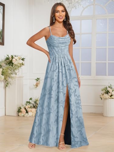 Jacquard Chiffon Bridesmaid Dresses with Slit Spaghetti Straps Ruched Cowl Long Aline Wedding Guest Dress2