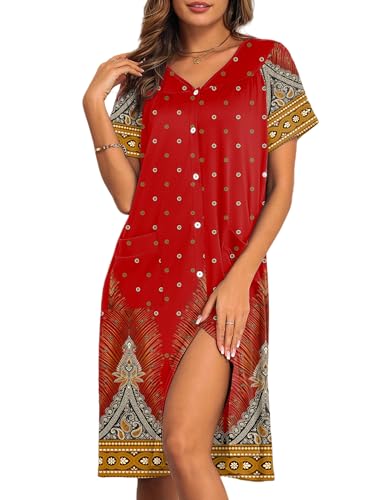 Image of Ekouaer House Dresses for Women with Pockets Button Down Nightgowns Plus Size Moo Moos Mumu Dresses Floral Print S-3XL
