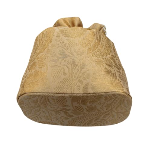 Image of MILAN'S CREATION Banarasi Silk Brocade Potli Bag Purse With Base Drawstring Women's handbag with Pearl Handle & Tassel Weddings