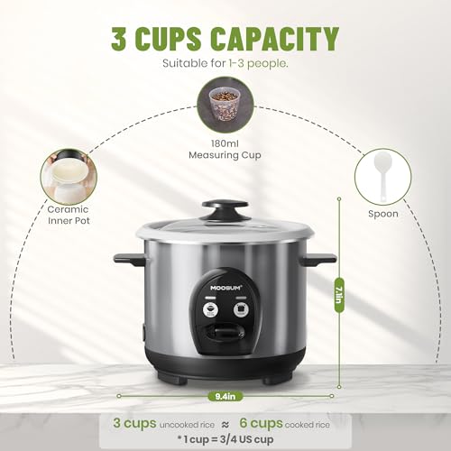 MOOSUM 3-Cup Uncooked Rice Cooker Small - Ceramic Coating Non-Toxic Inner Pot, One-Touch Multifunction for Rice/Sauté/Yogurt, Dishwasher Safe, 1-3 People Size, Stainless Steel by Moosum - Used condition - Image 4