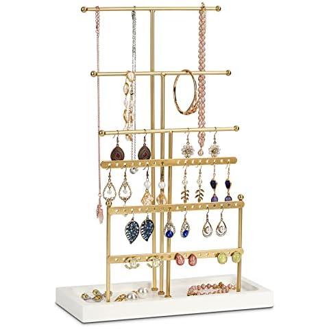 GHIAKQYT T Form Schmuckständer gold - 6 Tier Schmuckbaum Kettenständer Ohrringständer Schmuck Organizer,Schmuckhalter mit Weiß Tablett Schmuckaufbewahrung für Ketten,Ohrringen,Ringen,Uhren,Armbändern Cover