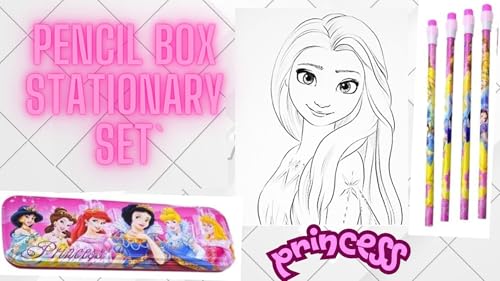 Image of Kidox Stationery Set for Kids- Birthday Gift for Girls, Boys - Metal Geometry Box for Girls & Boys Kids Pencil Box Set, Pencil Case Set, Pencil, Erasers, Sharpener for Children-Pink-Princess