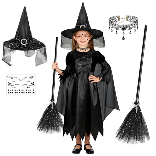 NEUFOOD Déguisement de Sorcière pour Fille, Costume d'Halloween 5 Pièces Noir - Tenue de Fancy Dress avec Chapeau, Collier et Accessoires pour Fête, Carnaval 130CM