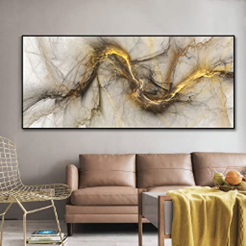 Toile abstrait doré noir nuage 80x160cm grand format moderne sans cadre pour salon