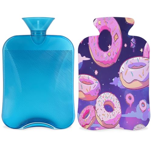 Hot Water Bottle with Soft Cover,2L Fantastic Donut Hot Water Bag for Hot and Cold Compress, Hand Feet Warmer, Cartoon Donut Rubber Hot or Cold Water Bottle Halloween Christmas Decorations