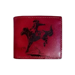 Mayan Corner Handmade Leather Bifold Wallet for Men, Vintage Red Western Cowboy Engraved Cowhide Wallet, Rustic Hand-Stitched Rodeo Horse Wallet Gift for Him