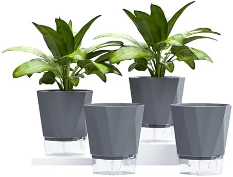 SONNHELL 4er Set Selbstbewässernde Blumentöpfe – Perfekt als Fensterbank Kräutertöpfe für die Küche, mit automatischer Wasseraufnahme für gesündere Kräuter und Pflanzen, Grau