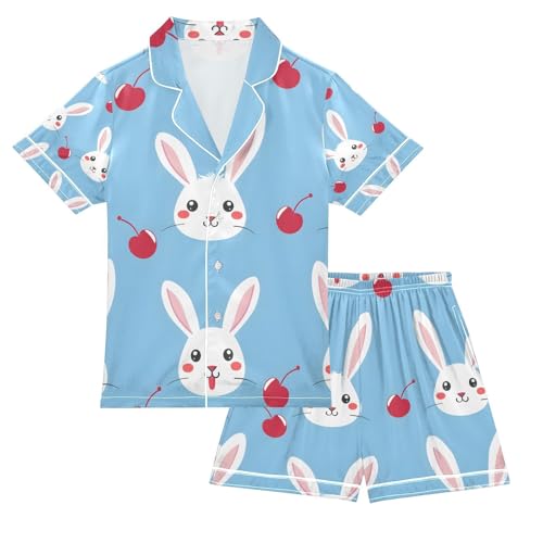 senya Rabbit Cherry Satin Summer Pajama Sets Silk Short Sleeve Button Down Sleepwear