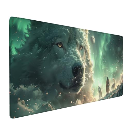 White Mouse Pad Large 40x16 in, Gaming Mousepad with Non-Slip Rubber Base, Waterproof Smooth Surface Desk mat, Extended Desk Mat with Stitched Edges, Computer Accessories, Gifts for Men, Wolf V-4242