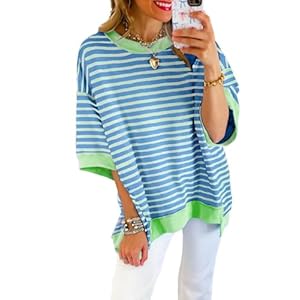 SHEWIN Womens Tops Casual Short Sleeve Sweatshirt Crewneck Striped Shirt Pullover T Shirts Loose Blouses