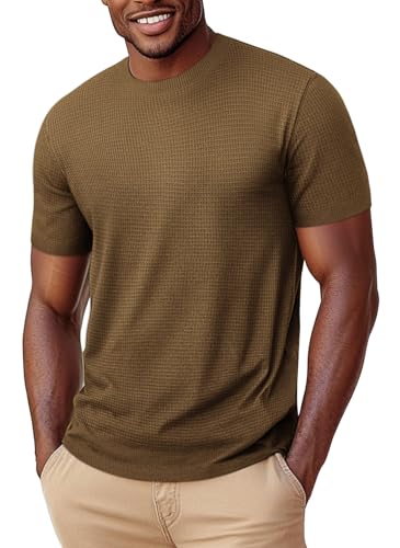 LOGEEYAR Men's Casual Knit T-Shirts Short Sleeve Waffle Shirt Crewneck Basic Pullover Tees Light Coffee